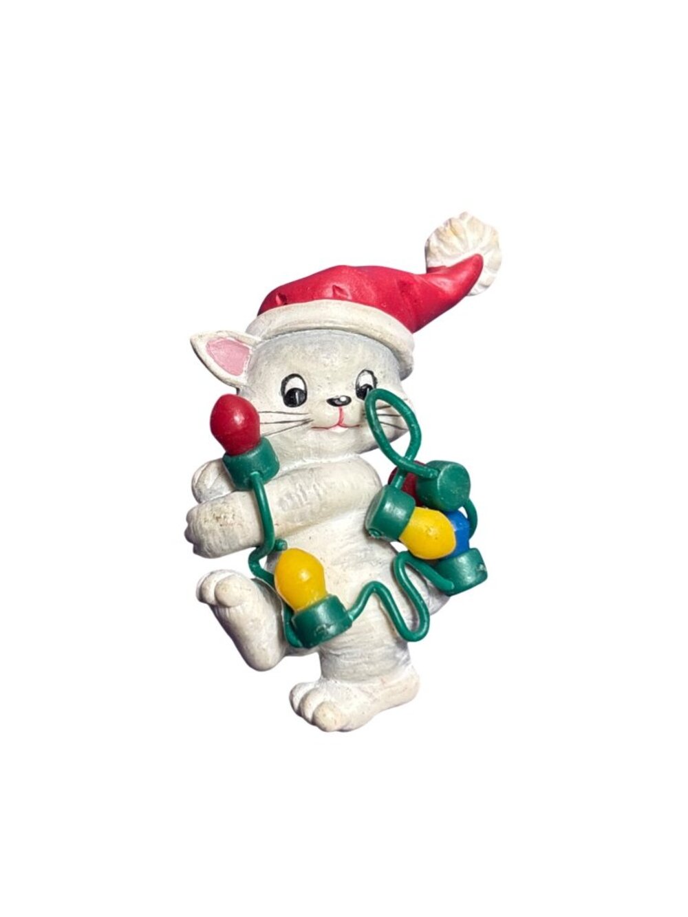 Vtg Resin Kitty Cat Christmas Holiday Brooch Pin Lights Santa Hat C Clasp